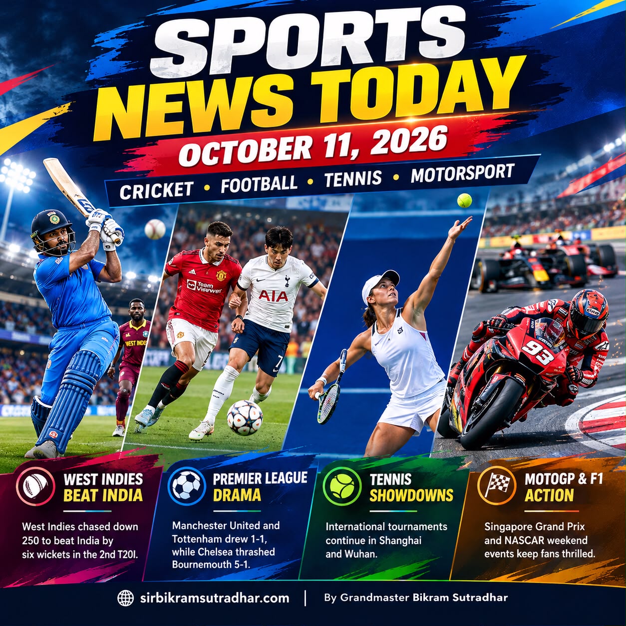 Sports News Today, 10/ 11 , 2026: Top Cricket, Football, Tennis & Motorsport Updates