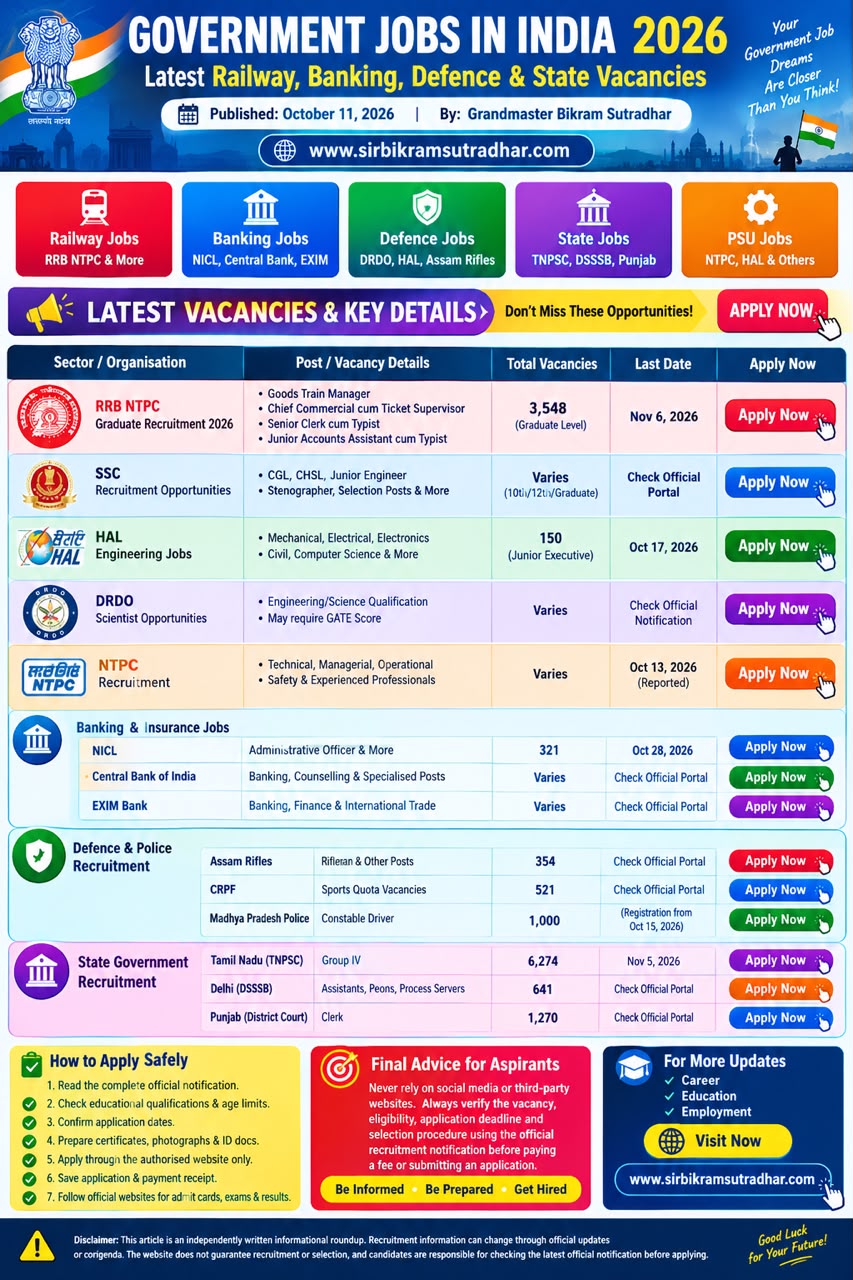 Government Jobs in India 2026: Latest Railway, Banking, Defence & State Vacancies 6 Government Jobs in India 2026: Latest Railway, Banking, Defence & State Vacancies